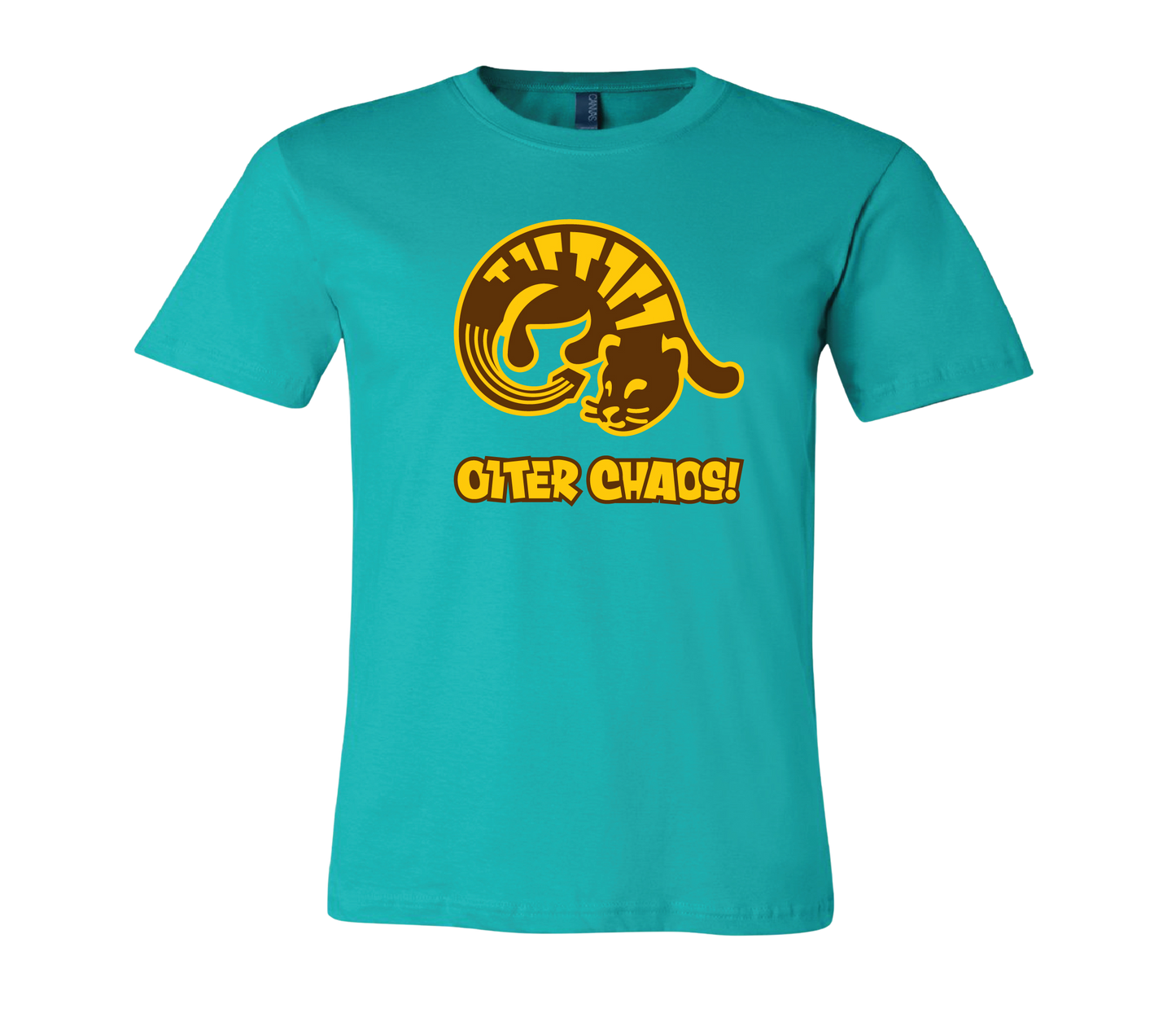Teal t-shirt with yellow graphic and text. "Otter Chaos!" with a logo of an otter