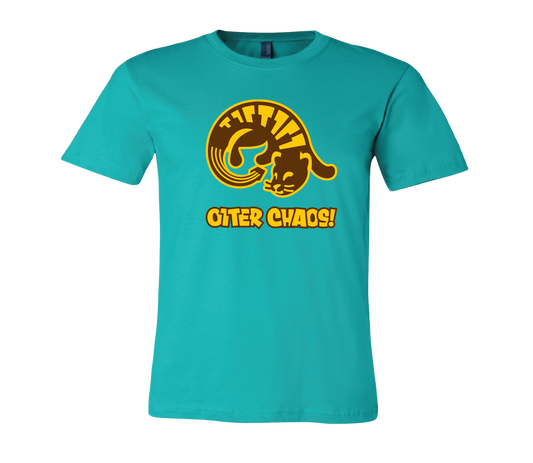 Teal t-shirt with yellow graphic and text. "Otter Chaos!" with a logo of an otter