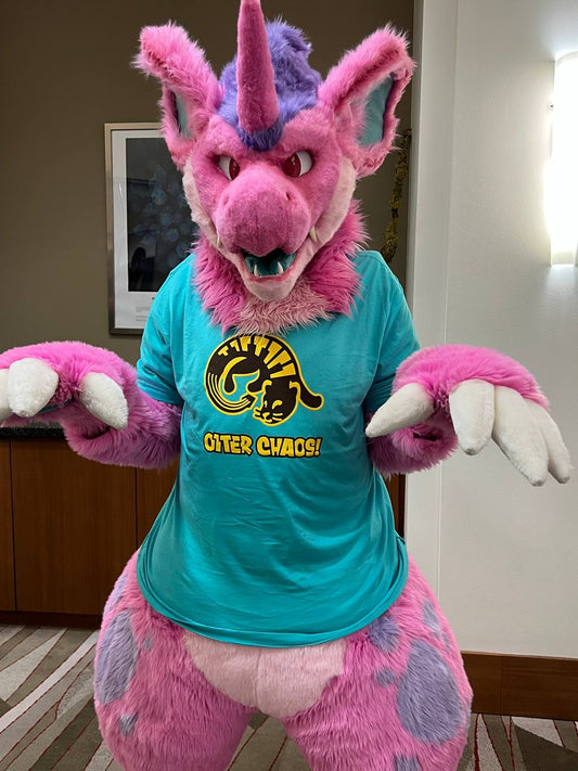 Rhubarb the Nidorino in his fursuit wearing an Otter Chaos! shirt